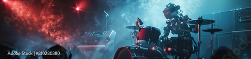 Futuristic concept of music, where instruments autonomously perform at a concert, portrayed in modern classic styles, sharpen cinematic look photo