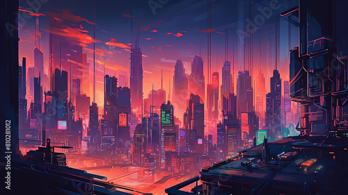 A stunning illustration of a futuristic city skyline at dusk, towering skyscrapers aglow with neon lights against a darkening sky, bustling streets filled with hovercars and bustling crowds, capturing photo