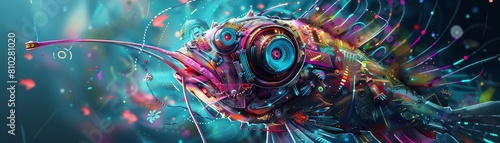 Futuristic strange style of aqua animals, depicting fish with robotic enhancements in a colorful style, sharpen cinematic look photo