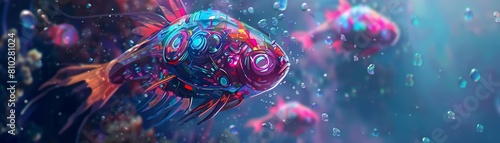 Futuristic strange style of aqua animals, depicting fish with robotic enhancements in a colorful style, sharpen cinematic look photo