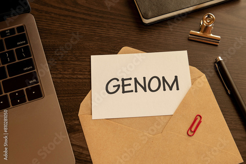 There is word card with the word GENOM. It is as an eye-catching image. photo