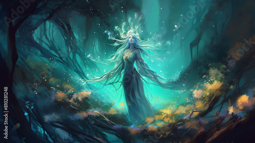 A stunning illustration of a mystical forest nymph, radiating ethereal light in the darkness, surrounded by vibrant bioluminescent flora, her flowing robes adorned with shimmering crystals, evoking a  photo