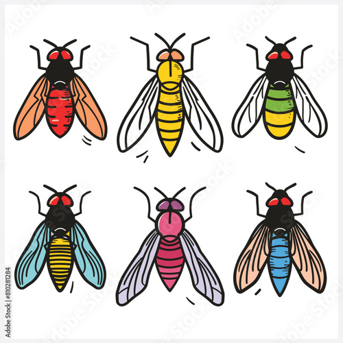 Six colorful cartoon bees arranged two rows, three columns. Bright colors, artistic childish style, diverse bee designs. Set stylized bees, vibrant hues, flying insects theme © Vectorvstocker