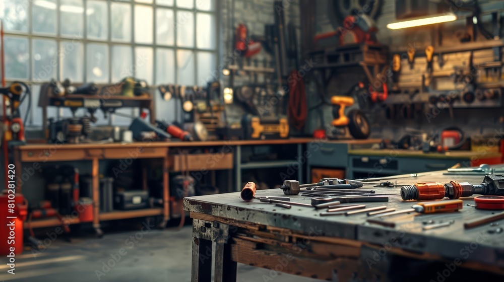 Image of a mechanics tools spread out in a workshop, ideal for tool ads with ample space for text