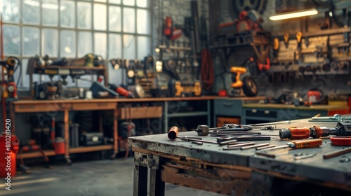 Image of a mechanics tools spread out in a workshop, ideal for tool ads with ample space for text