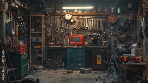 Image of a mechanics tools spread out in a workshop, ideal for tool ads with ample space for text