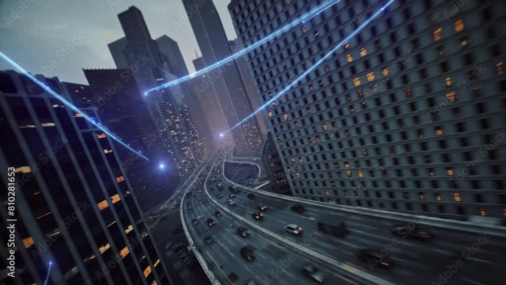 High Speed Internet Rays Passing Through Busy Downton Aerial Shot At Dusk 5g High Speed Financial Transactions High Tech Urban Area