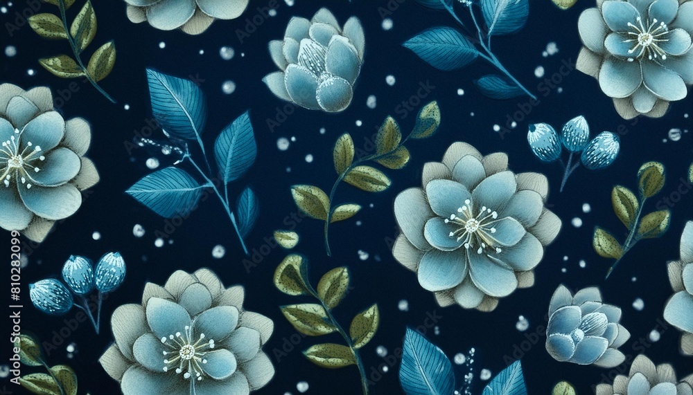 blue floral fantasy seamless pattern with delicate flowers and leaves on dark blue background