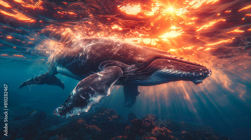 A majestic humpback whale swims with its calf underwater  illuminated by the vibrant rays of a sunset.