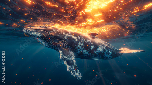 A humpback whale gracefully swims beneath a fiery ocean surface, surrounded by light particles and sun rays.