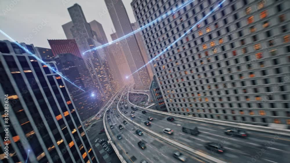 Fast Data Transfer Optical Rays Passing Through Busy Downtown Urban City FPV Aerial Shot At Dusk High Speed Communication Automation Financial District