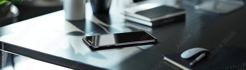 Realistic image of a sleek smartphone on a modern desk, suitable for tech ads, with space for text Realistic image of a sleek smartphone on a modern desk, suitable for tech ads, with space for text