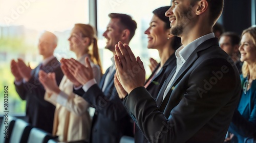 Group of business people clapping and applauding during office conference presentation or training