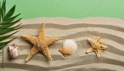 top view of beach sand with starfish and seashell generative ai