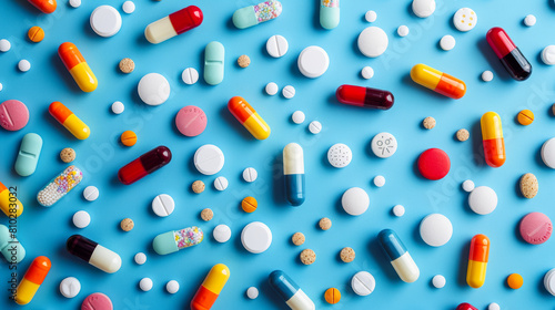 Top view: assorted pills scattered on blue background, representing varied medications photo