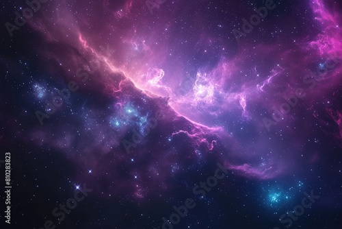 Interstellar adventure. Spaceship navigating through nebula. Illustration of a background with a majestic space theme.