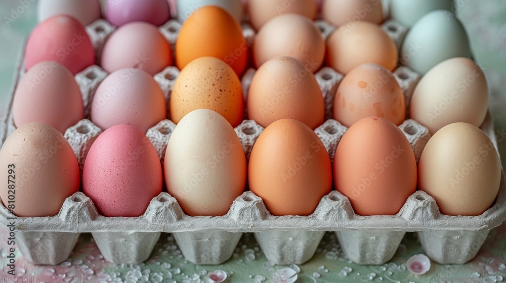 Farm fresh organic eggs in various colors in carton material with a simple background. 