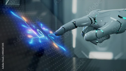 AI Robot Is Touching A Glowing Circuit Board with His Hand And A Futuristic Screen