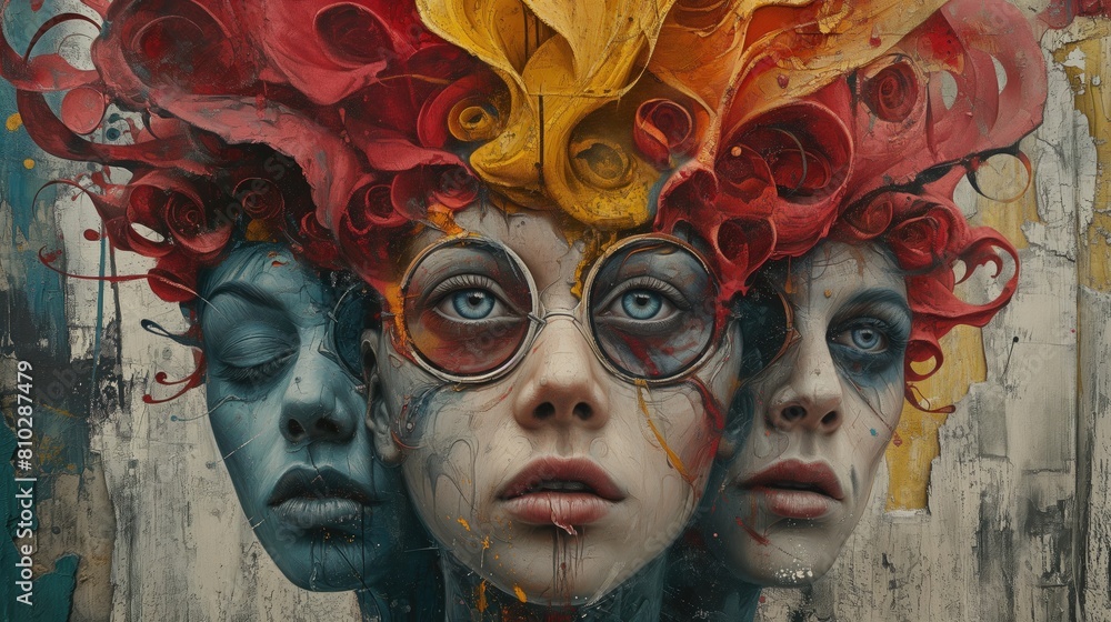 Obraz premium Abstract Surreal Street Art Mural, Person Background, Portrait Backdrop, Authentic People, Colorful Wall Artwork