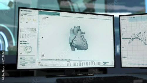 Diagnosing Human Heart With Cardiac Ischemia In Microbiology Scanner Interface. Human Organ Analysis. Heart Scan. Microbiology Diagnostic Ui. Human Heart Disease Microbiology Research photo