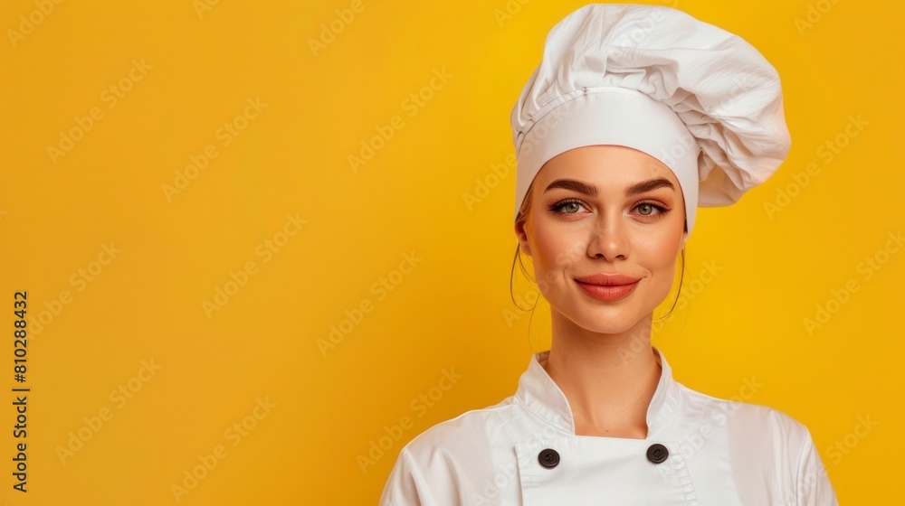 cute chef woman with white hat on yellow background cute chef woman with white hat on yellow background