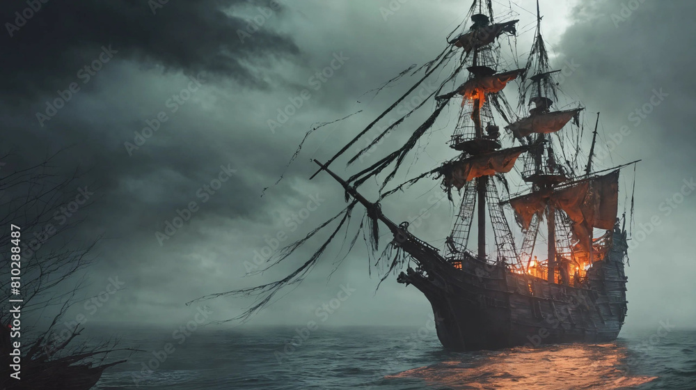 Naklejka premium Old pirate ship on the high seas in the storm Generative Ai