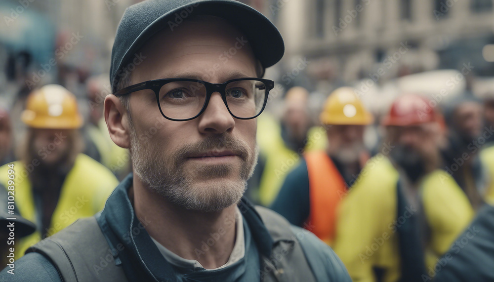 portrait of American worker making among crowded demonstrators, copy space for a text
portrait of American worker making among crowded demonstrators, copy space for a text