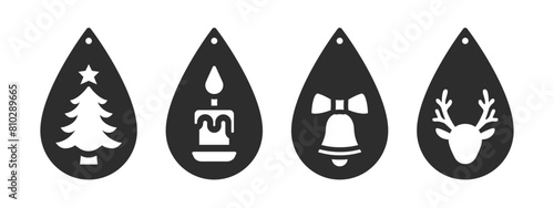 Set of Christmas teardrop designs for earrings, pendant or keychain. Jewelry silhouette cut template. Laser cutting with leather, wood or metal. New Years vector stencils