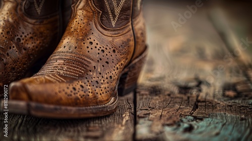 Close-up of cowboy boots featuring intricate hand-tooled leather and classic Western stitching