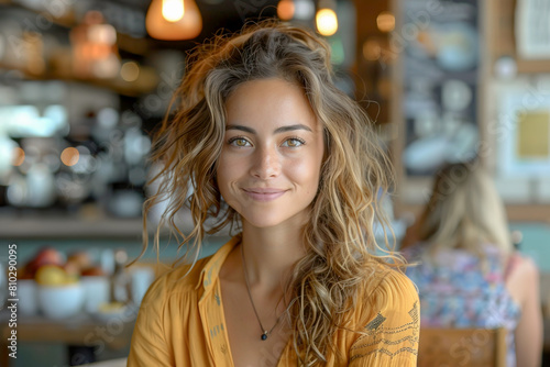Caucasian woman with hippie vibes casual portrait in restaurant
