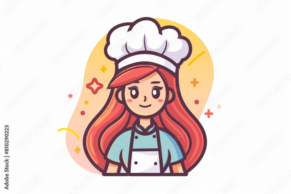 Obraz premium Lively cartoon drawing of a woman chef with a warm smile, dressed in a chef's hat and apron, exuding positivity and charisma