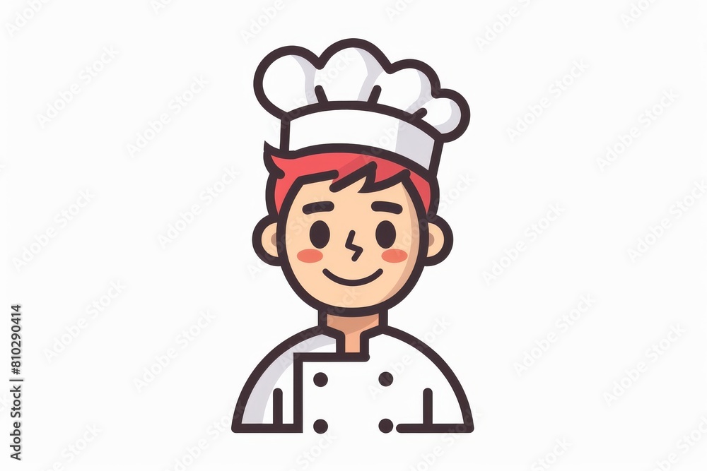 Modern illustration of a friendly cartoon chef in traditional white hat and chef's jacket, with a warm smile Modern illustration of a friendly cartoon chef in traditional white hat and chef's jacket, with a warm smile