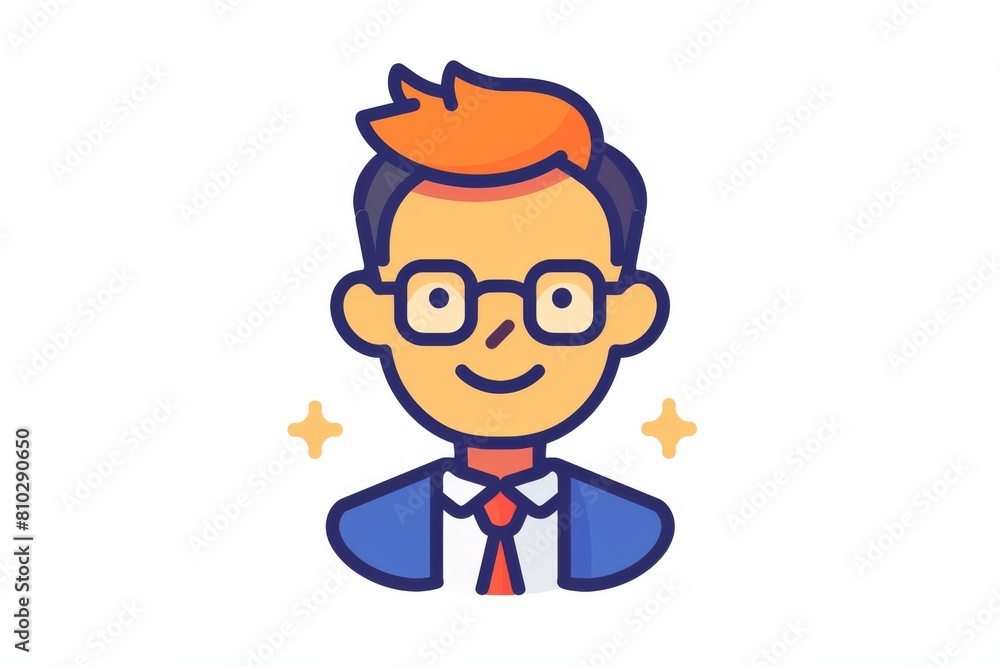 Flat design illustration of a confident, smiling cartoon businessman with glasses and neat hair Flat design illustration of a confident, smiling cartoon businessman with glasses and neat hair