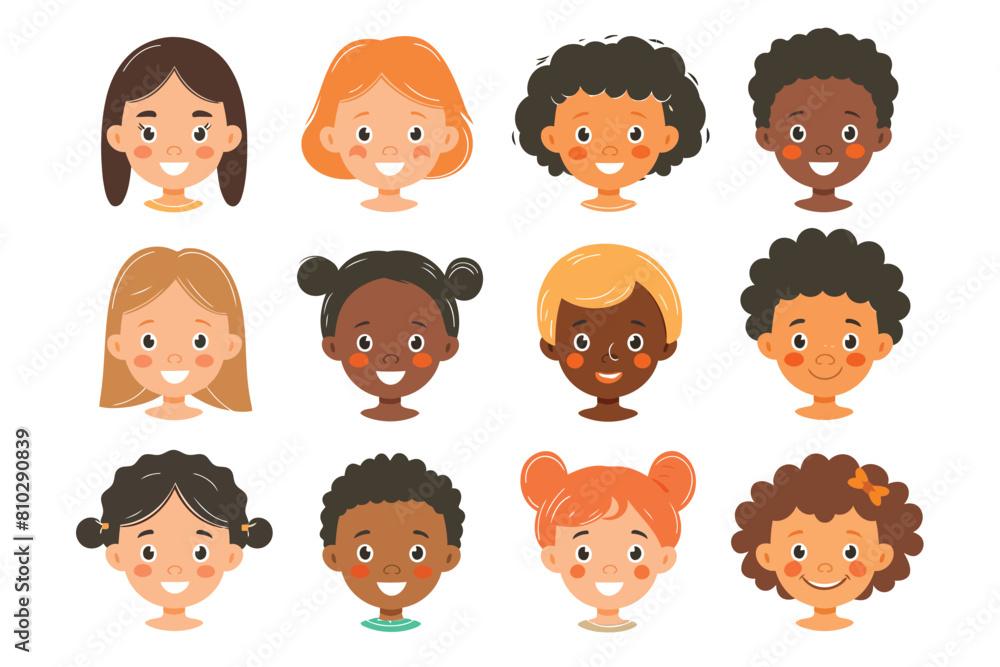 Candid portrait of children with diverse skin tones isolated vector style Candid portrait of children with diverse skin tones isolated vector style