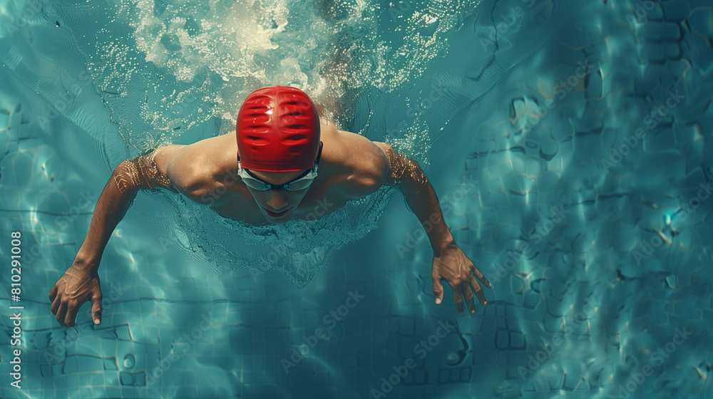 Man in Red Hat Swimming in Pool