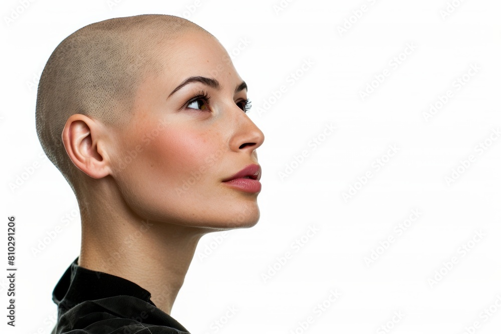 Bald woman close-up studio portrait. Health problem, cancer and alopecia