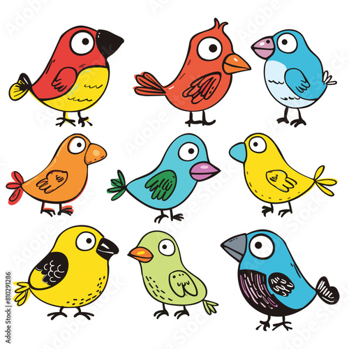 Collection colorful cartoon birds  various poses expressions. Handdrawn style  multiple cute avian characters  vibrant hues. Playful bird illustrations  childfriendly  cheerful design  isolated