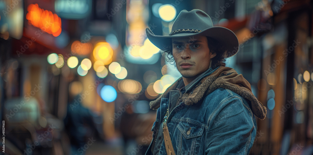 Contemporary cowboy fashion, young man in stylized attire against a bustling city scene, National Day of the Cowboy Contemporary cowboy fashion, young man in stylized attire against a bustling city scene, National Day of the Cowboy