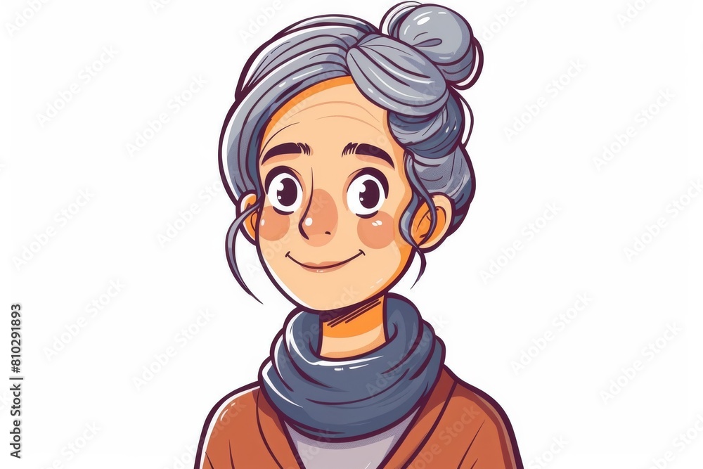 Illustrated portrait of a smiling elderly woman with a stylish bun, exuding warmth and friendliness, perfect for various designs Illustrated portrait of a smiling elderly woman with a stylish bun, exuding warmth and friendliness, perfect for various designs