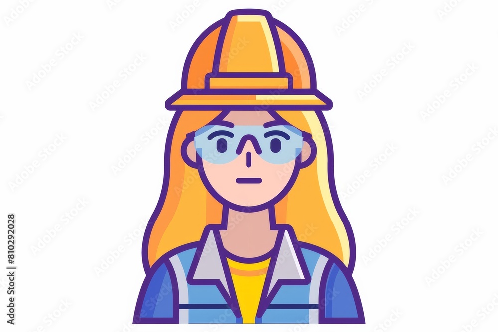Modern, colorful, and simplified illustration of a female construction worker wearing safety goggles and a helmet Modern, colorful, and simplified illustration of a female construction worker wearing safety goggles and a helmet
