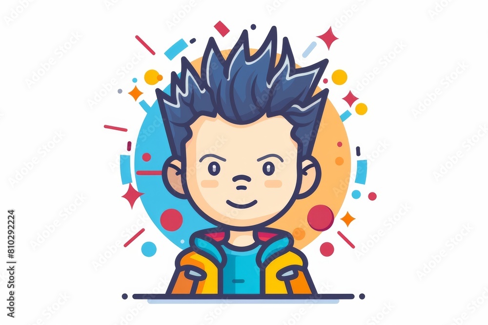 Lively depiction of a cheerful cartoon boy with edgy blue hair, donning a vibrant jacket against a festive abstract setting Lively depiction of a cheerful cartoon boy with edgy blue hair, donning a vibrant jacket against a festive abstract setting