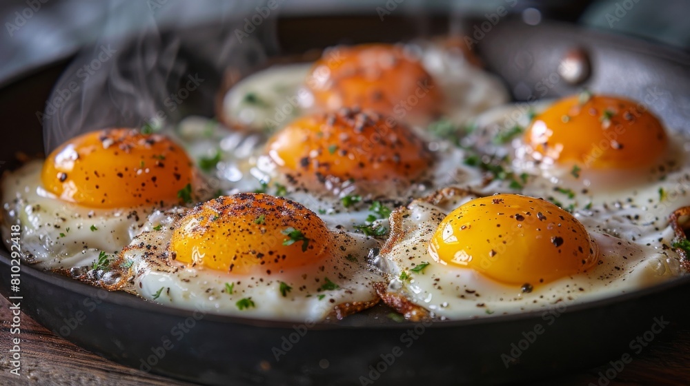 Eggs frying in a skillet or frying pan sunny side up with spices and herbs. Eggs frying in a skillet or frying pan sunny side up with spices and herbs.