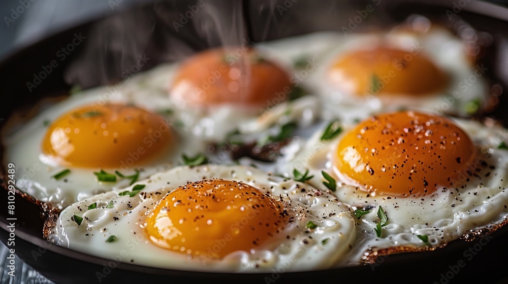 Eggs frying in a skillet or frying pan sunny side up with spices and herbs. Eggs frying in a skillet or frying pan sunny side up with spices and herbs.