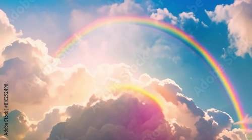 Magical rainbow and dluffy clouds background backsrop for a fairytale storybook animated painting timelapse style blue sky heavenly backdrop animation calming