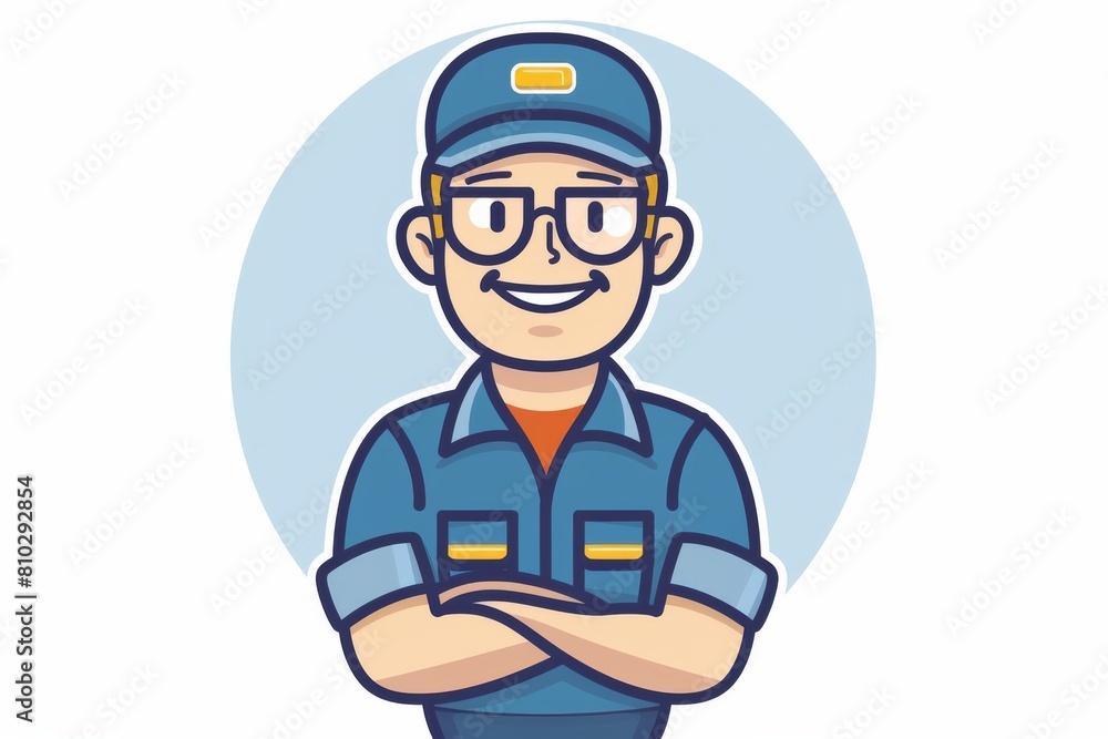 Smiling cartoon mechanic character with glasses, arms crossed, wearing a blue uniform and cap, isolated on a light blue background Smiling cartoon mechanic character with glasses, arms crossed, wearing a blue uniform and cap, isolated on a light blue background