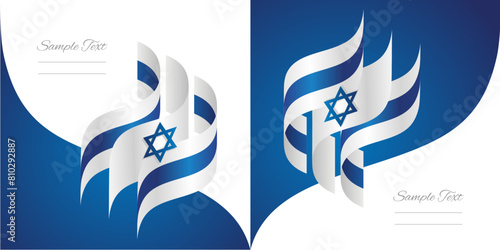 Israel abstract wavy flag ribbon vector. Israel striped wavy flag two fold brochure concept on red white background © simbos