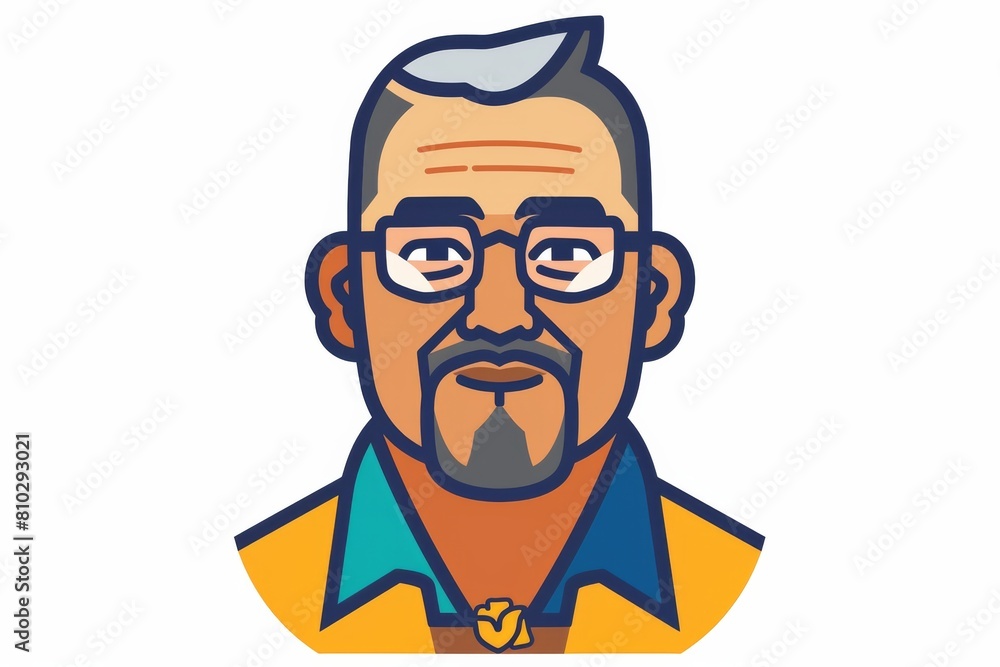Vibrant digital artwork of a friendly, mature man donning glasses, a mustache, and casual clothing, radiating approachability and warmth