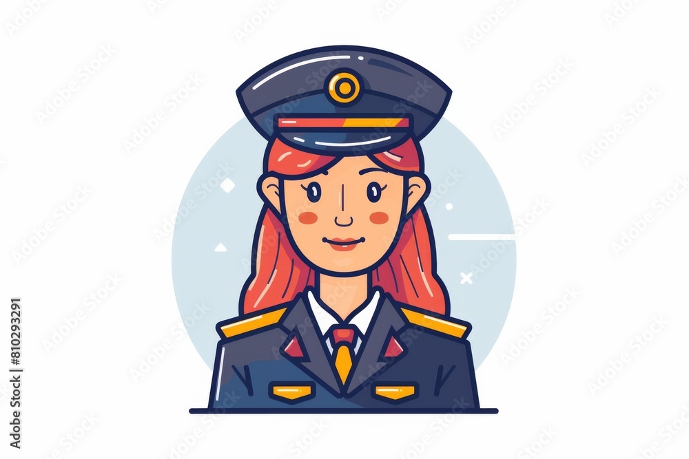 Flat design illustration of a smiling female pilot with red hair, wearing a professional uniform and pilot's cap, isolated on white