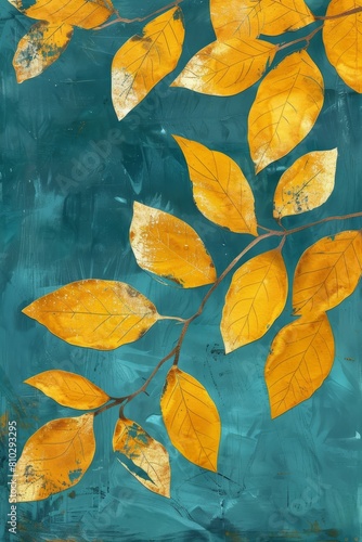 Golden leaves painting with bright yellow and teal blue background, artistic nature background photo