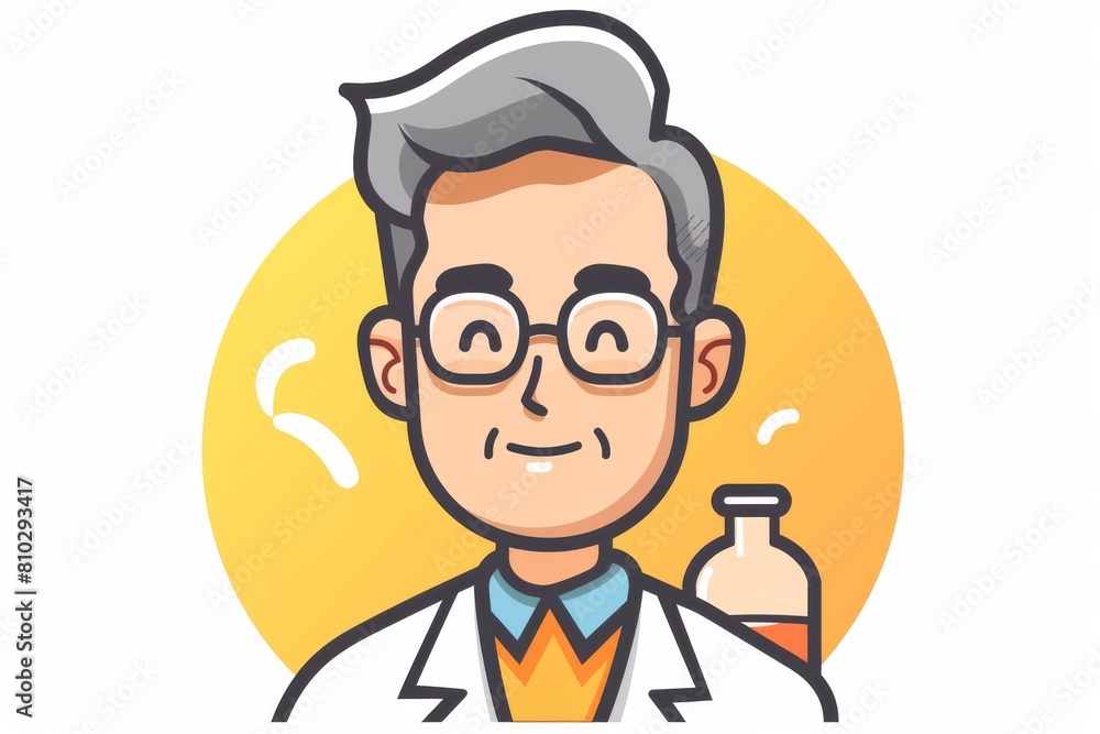 Happy cartoon doctor character in a white coat and glasses, smiling with a science flask icon on a bright background